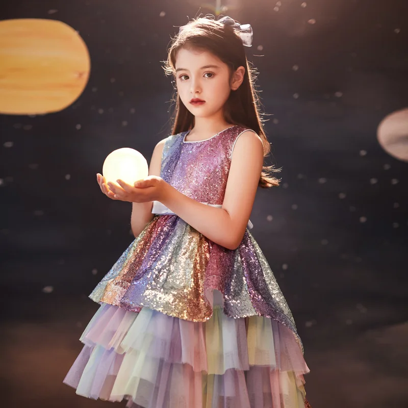 

Princess Gala Clothes Evening Gown 4 to 12 Years Tiered Prom Dress for Children Girl Sequins Party Dresses