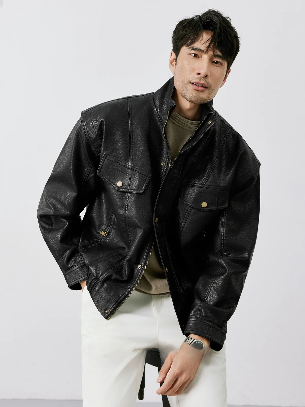 

Осень-зима, мужская байкерская кожаная куртка с воротником-стойкой в стиле ретро Jaet ort Pilot Sle, повседневная верхняя одежда, модная городская молодежная застежка-молния