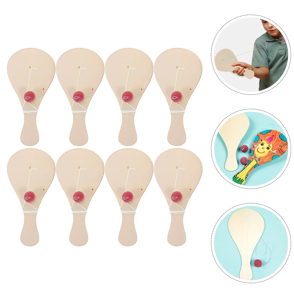 8pcs Hand-painted Wooden Racket Pieces Toddler Toys Blank Paddle Balls DIY Wood Supplies Kids Paint Toy Unfinished Paddles