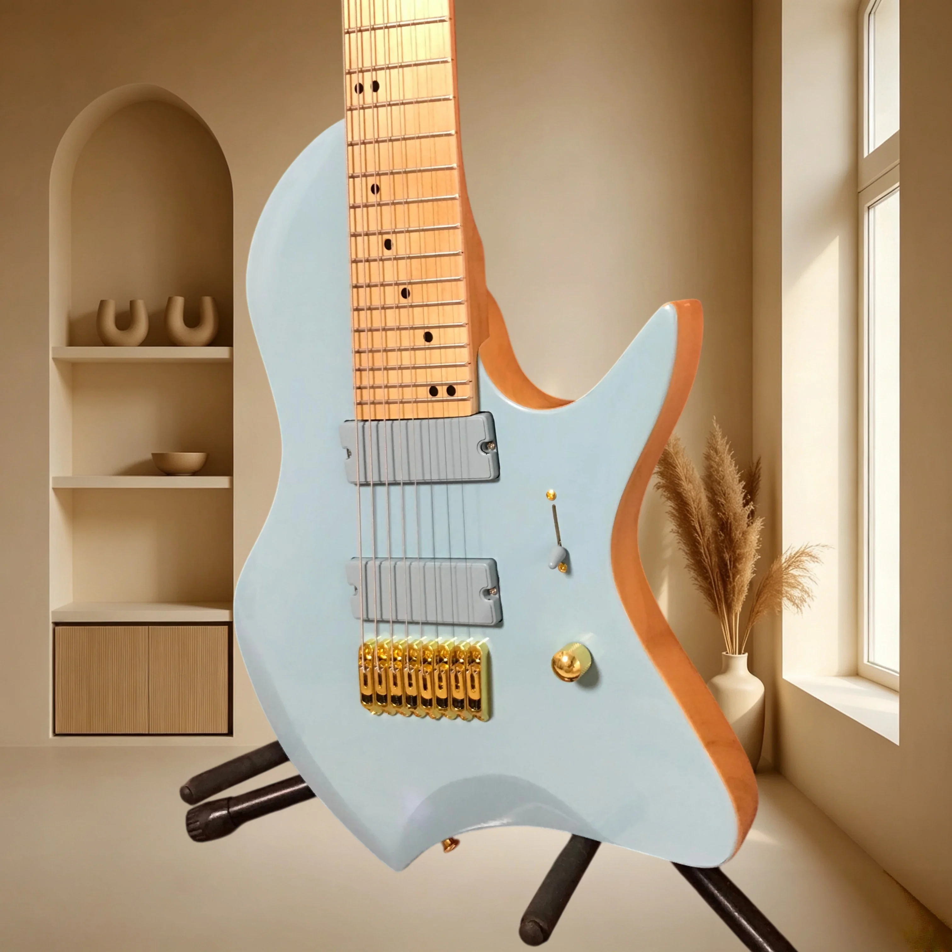 8-string IBZ Light Blue Unique Shape Electric Guitar One Piece Maple Neck Dual Humbuckers Progressive Metal Djent Performance