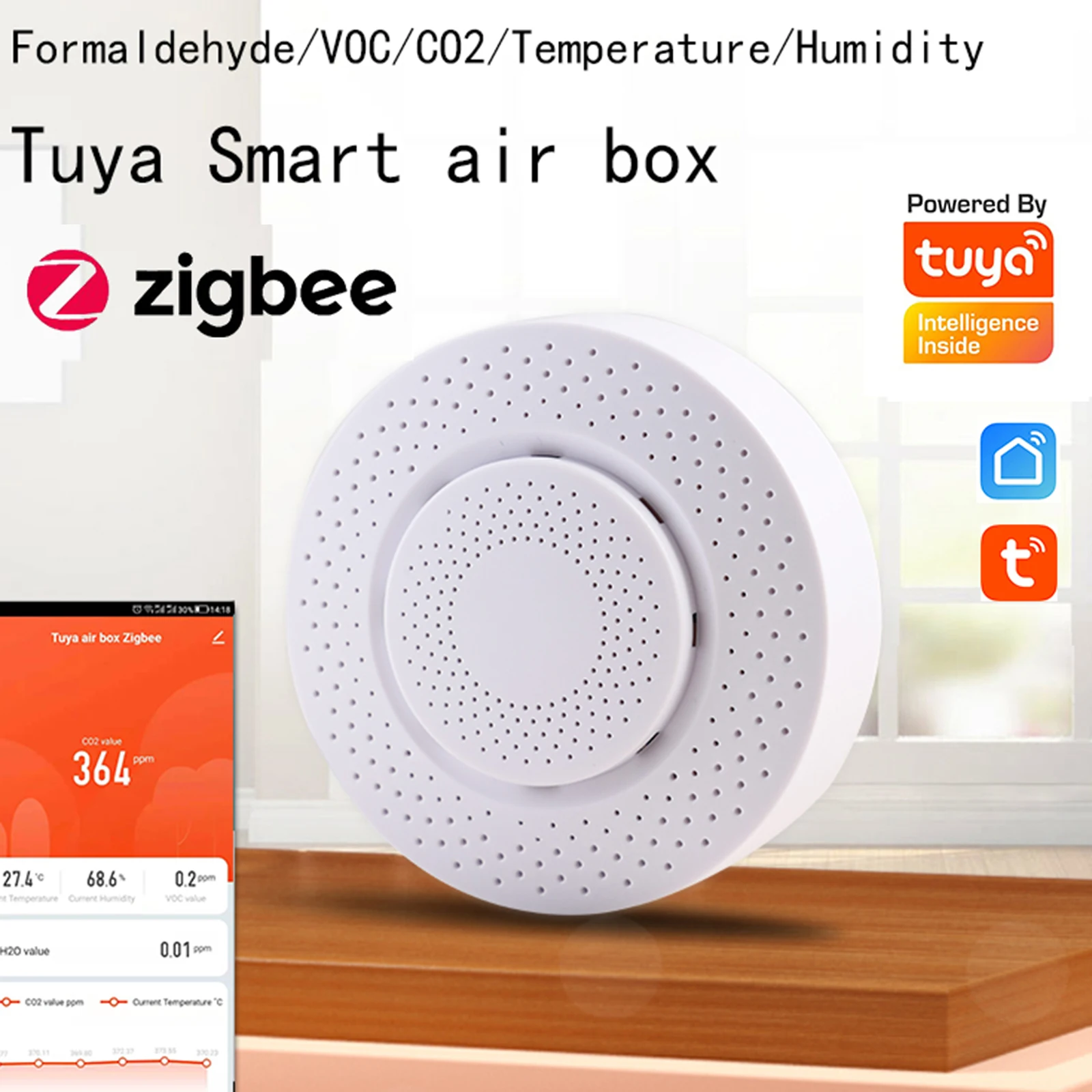 

1pc Tuya Air Box Formaldehyde Temperature Humidity CO2 Air Detector With USB Power Cable And Instructions For Use