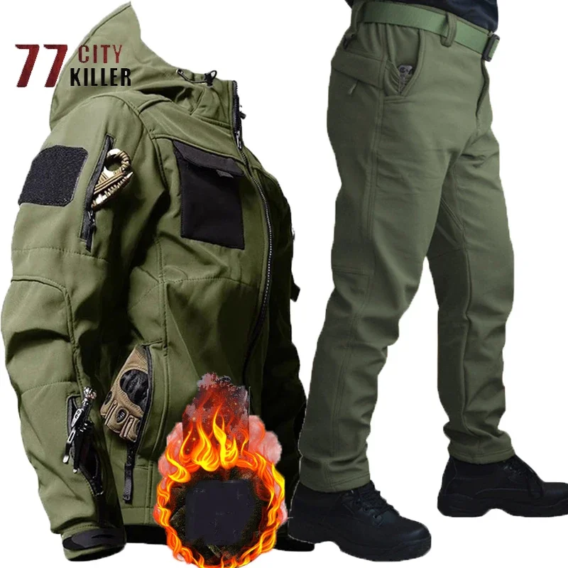 Outdoor Shark Skin Soft Shell Men's Tactical 2-piece Set Multi Pocket Jacket Men's Windproof Waterproof Wear Resistant Pants