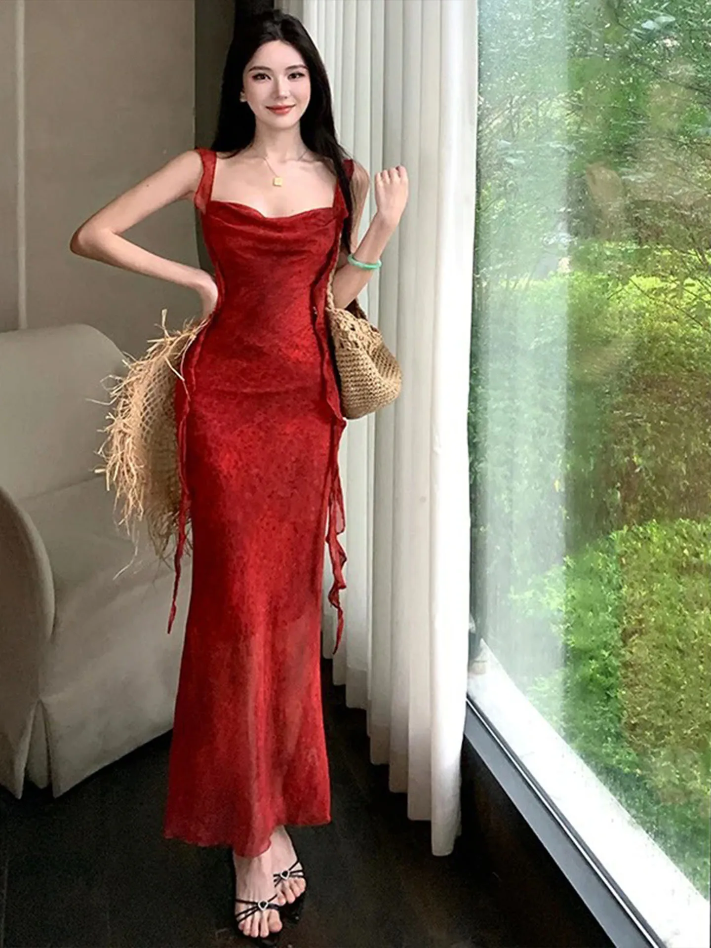 Keni plus Size Retro Halter Dress Women Summer Plumpmm Holiday Sash Red Long Dress Commuter Style Korean Version High Waist A...