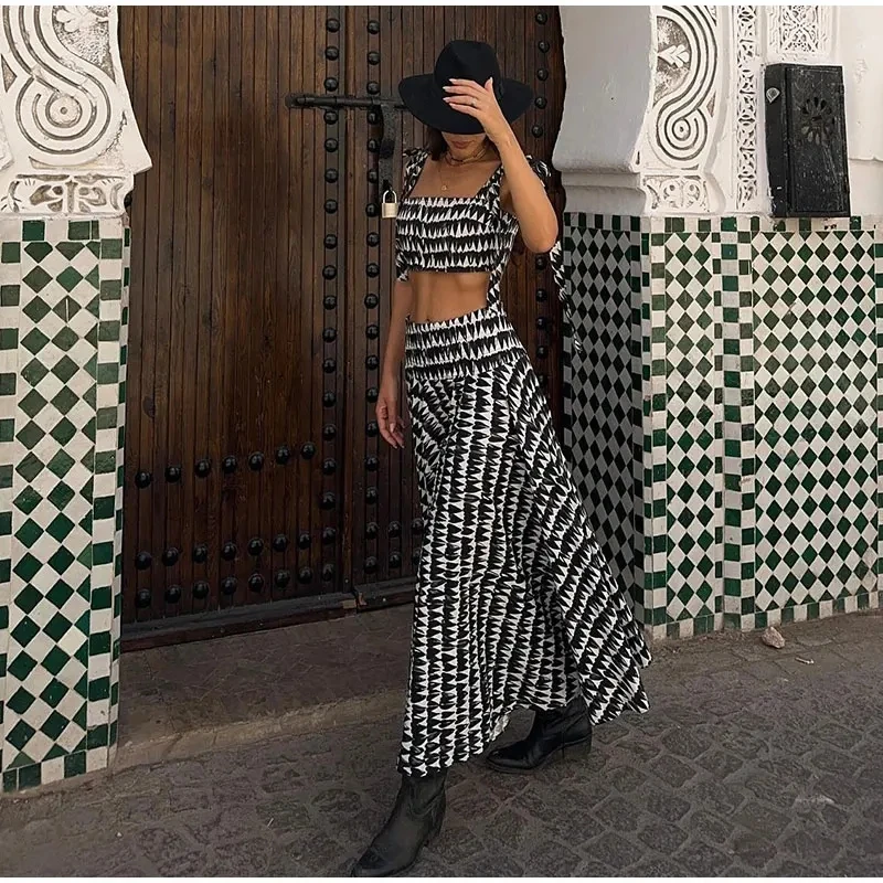 

2024 Summer Woman Sexy Sleeveless Backless Ruched Slim set Cros Crop Tops Women Chic Print Bow Lace Up Sling Tops Streetwear