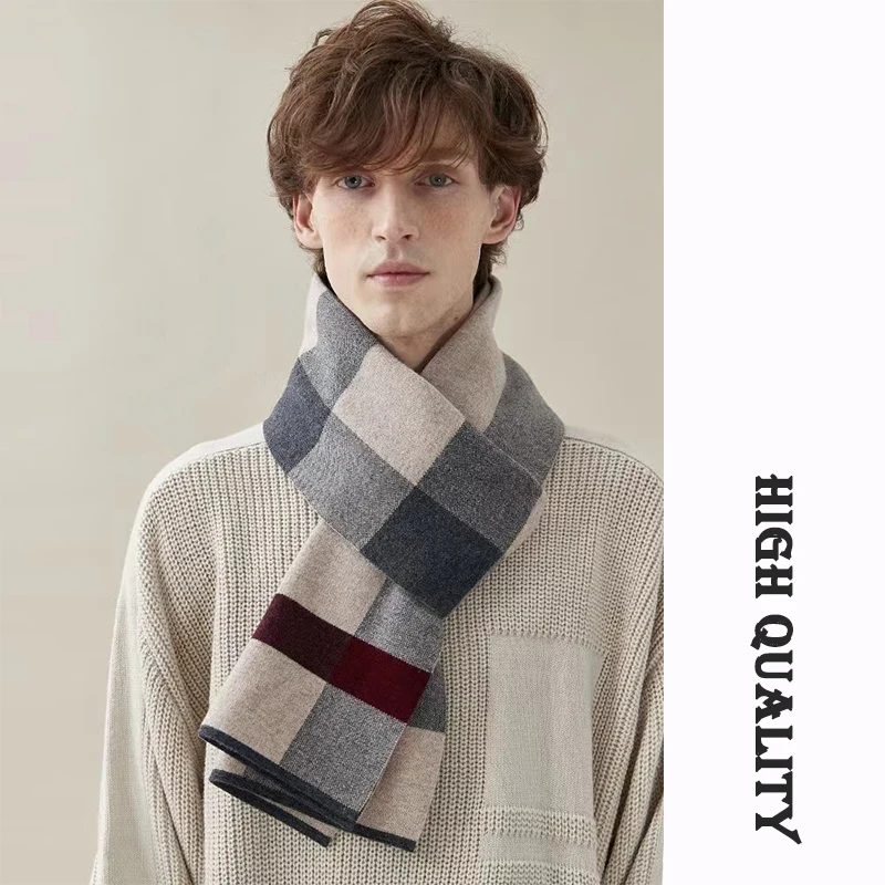 High Quality Men Scarf Autumn Winter Plaid Knitted Wool Muffler Male Business Classic Thick Warm Shawl Gentlemen Chrismas Gift