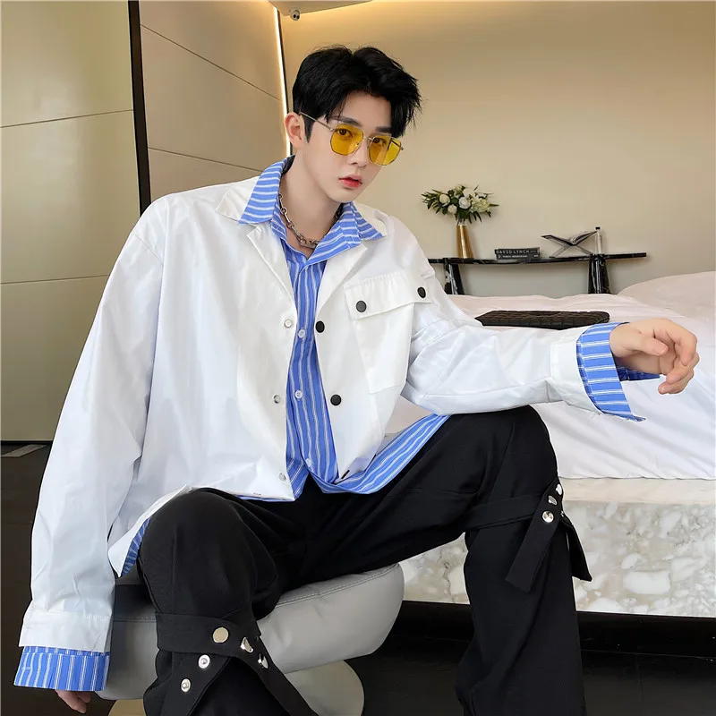 

Men's Long Sleeve Shirts False Two Pieces Casual 2023 New Fashion Loose Single Breasted Turn-down Collar Luxury Male Tops A34