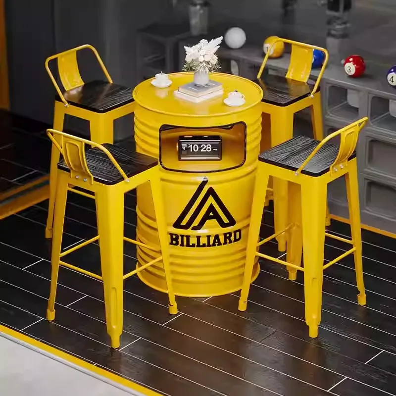 

Industrial style iron oil drum bar table and chair set with high stool, suitable for outdoor commercial furniture in cafes