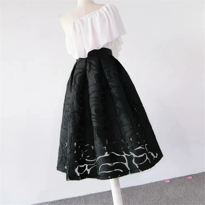 Black Skirt Organza Flocking Pattern High Waist Slimming Shaggy Skirts Mid-length Spring Summer Womens Skirts Faldas Mujer Moda