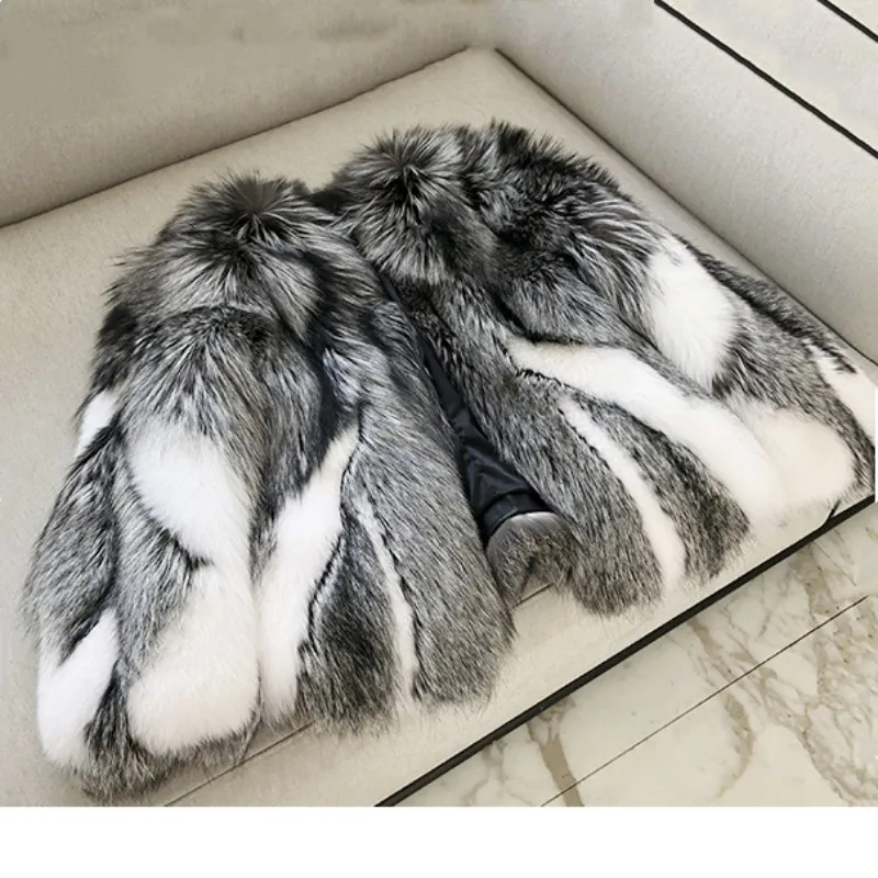 2024 Silver Fox Fur With White Fox Fur Women Winter Coat  Real Fox Whole Skin Fur Clothing Winter Thick Soft Warm Fox Fur Jacket