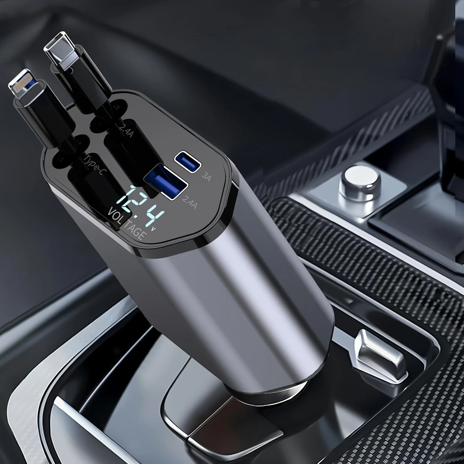 

QC Adapter Car Charger 4 IN 1 Retractable Mobile Phone USB PD Type C Cable Universal For Cars Fast Charge Cord Cigarette Lighter
