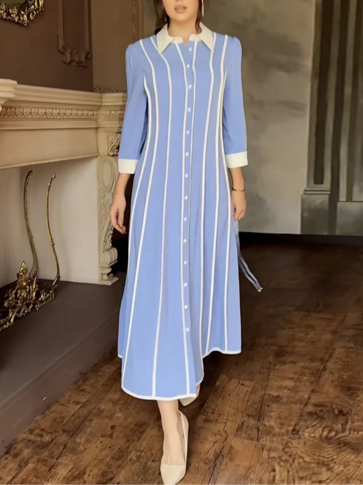 TWOTWINSTYLE Elegant Colorblock Striped Spliced Appliques Dress For Women Lapel Long Sleeve Tunic Temperament Dresses Female