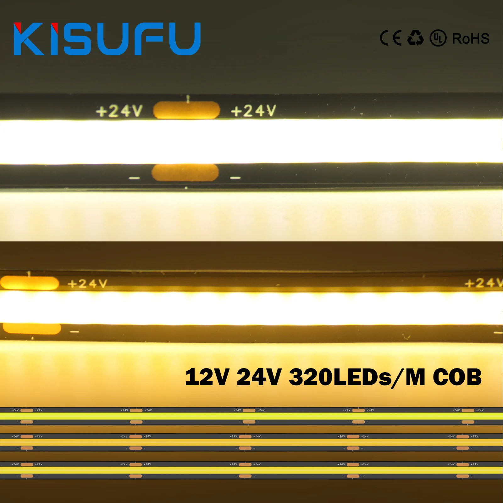 12V 24V COB LED Strip Light Black PCB Warm White Natural 320 LEDs/M High Quality Flexible Linear Lights Home TV Background Decor