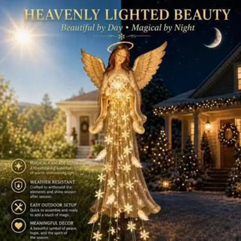 Christmas Angel Statue Led Light Cascading Snowflake Lamp Warm Fairy Light Angel Figurine Night Light For Xmas Home Decor