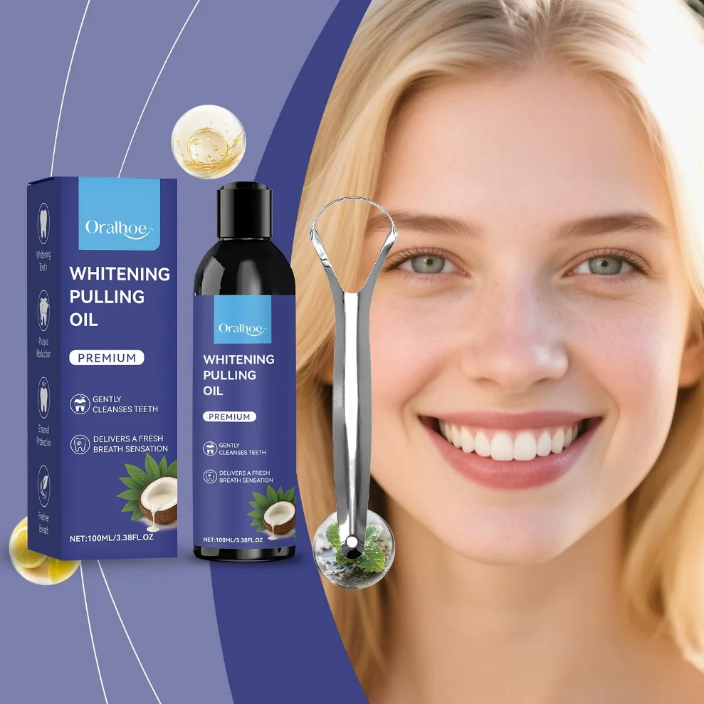 Coconut Pulling Oil With Tongue Scraper Teeth Whitening Oral Hygiene Cleansing Fresh Breath Alcohol-Free Odor Removal Mouth Wash