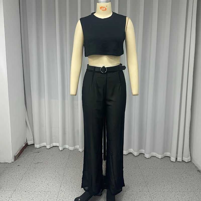 Wefads Two Piece Set Women\'s Summer Fashion Round Neck Sleeveless High Waist Pullover Top Loose Pants Sets With Belt Streetwear