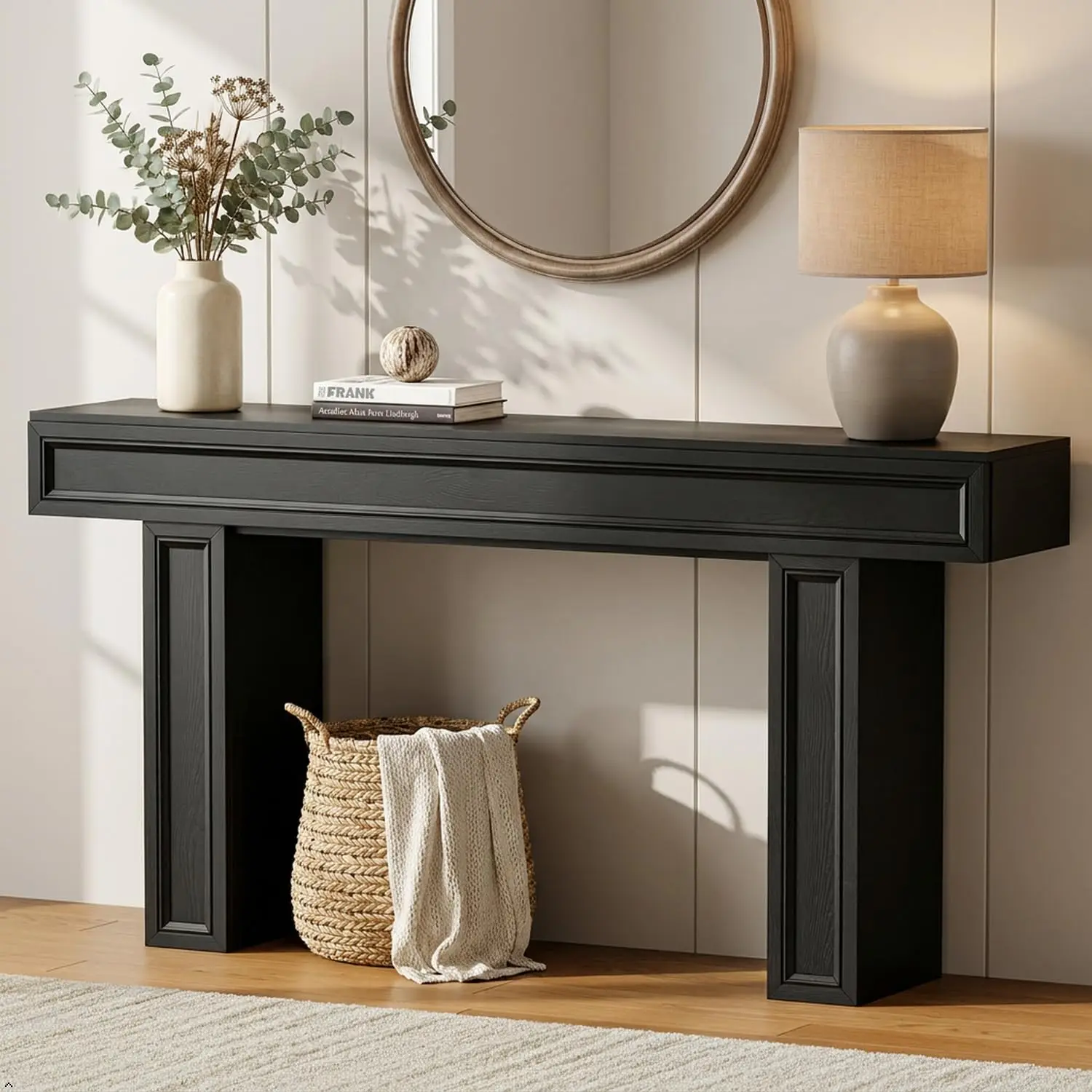 Narrow Sofa Console Table, Living Room & Hallway, Black, Farmhouse Style, Wooden Frame, Spacious Top, Entryway, 63