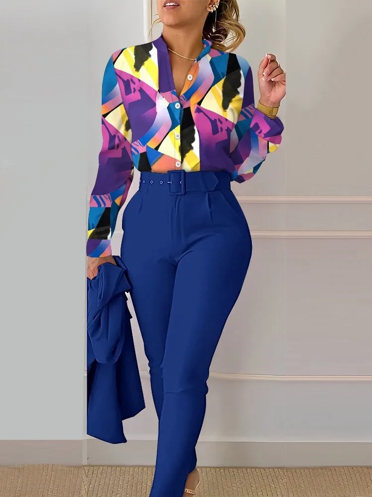 Casual Long Sleeve Shirt Pants Set Office Lady Fashion Elegant Floral Print Trousers Two Piece Set Women Outfit Spring Autumn