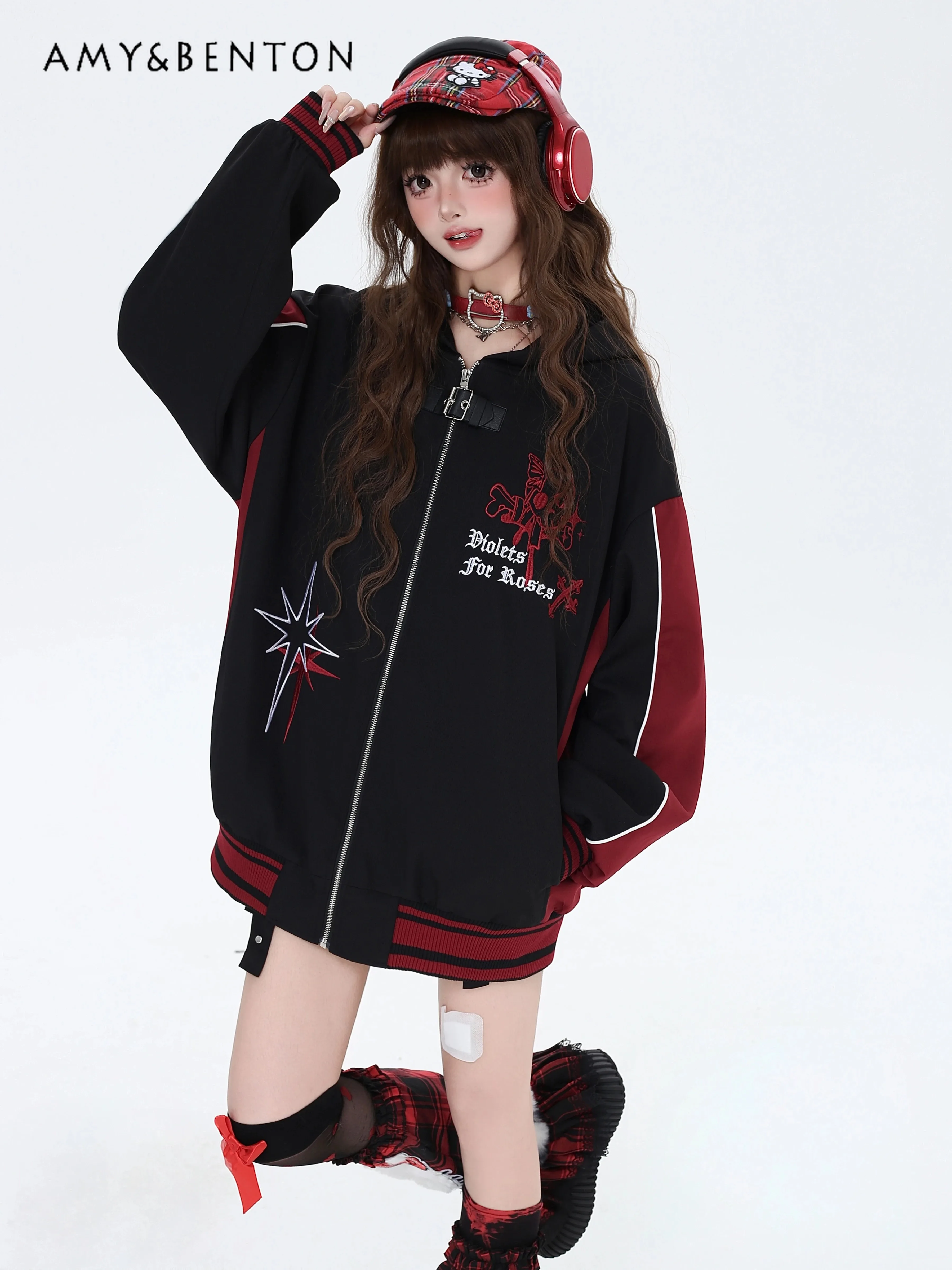 

2025 Autumn Winter New American Style Thin Casual Jacket Baseball Jacket Loose Black Red Patchwork Velvet Hooded Sweatshirt