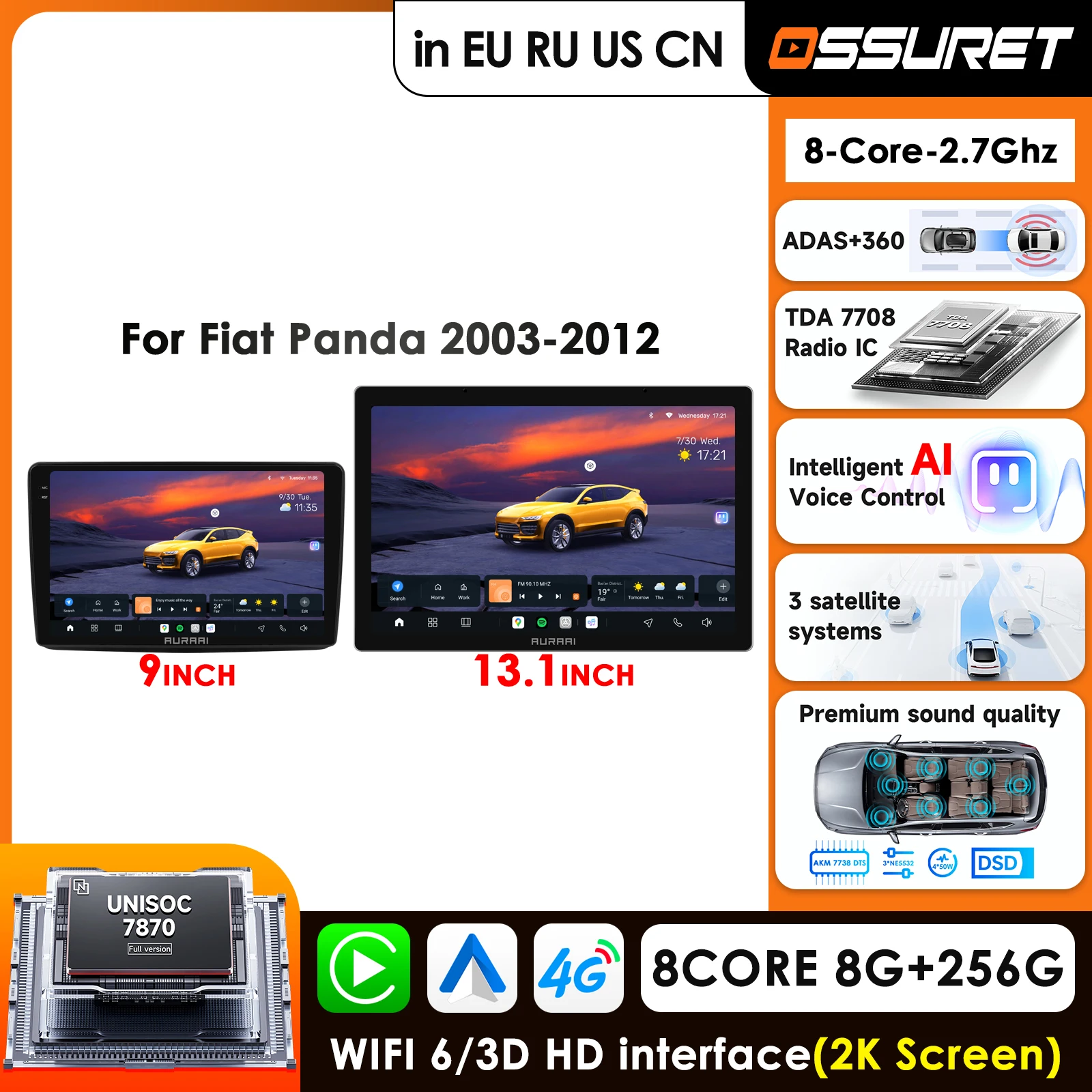 13.1‘’ Car Radio For Fiat Panda 2003 - 2012 Carplay Android Auto 2K 3D Screen Autoradio Video Audio Monitor 360° ADAS Cam FM RDS