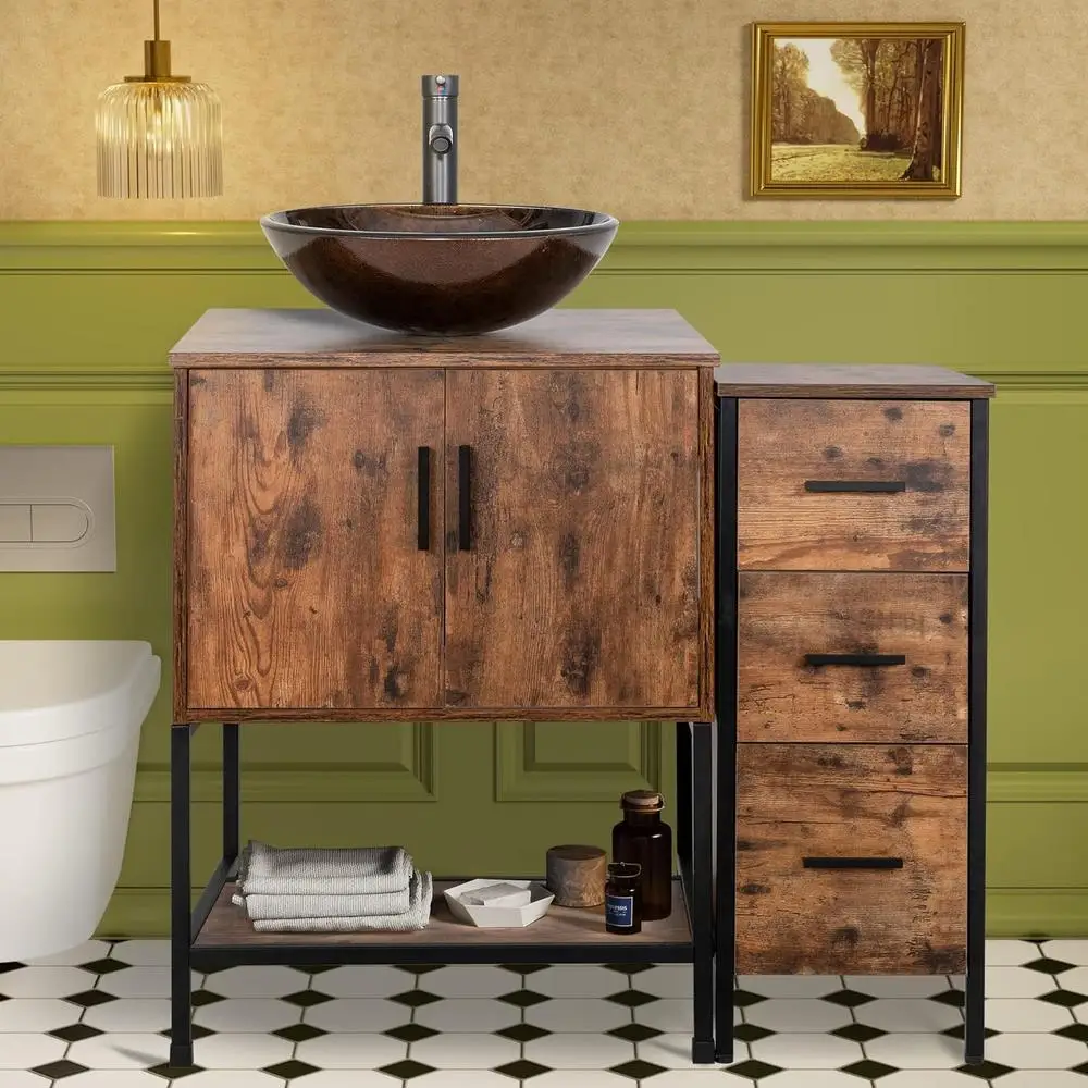 Antique Dark Brown Bathroom Vanity Set with Sink 3 Drawers and Side Cabinet Combo Iron Wood Storage Durable Stylish Design Easy