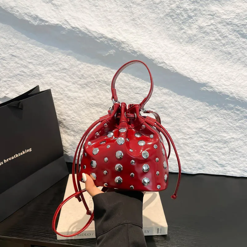 

Fall Winter Drawstring Bucket Bag Polka Dot Studded Hobo Purse Bag for Women Unique Lucky Drawstring Shoulder Bag