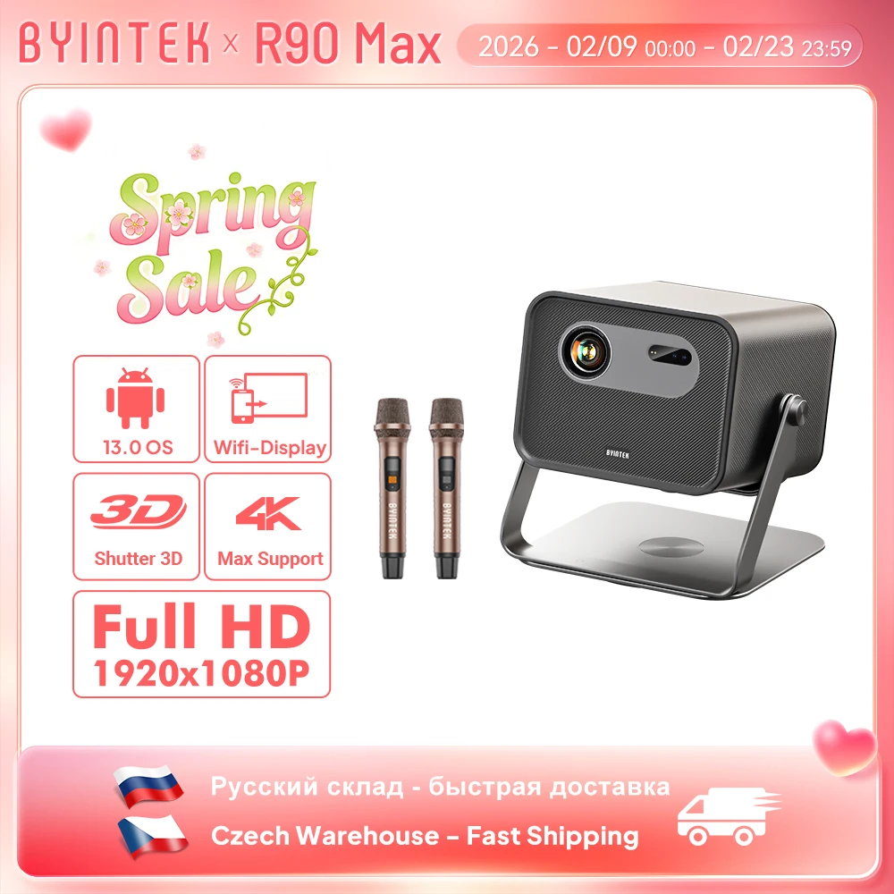 

BYINTEK R90 Макс. проектор 4K Full HD 1080P 2200 Anis Люмен Android 11.0 WiFi 6 Автофокус Видеопроекторы для домашнего кинотеатра