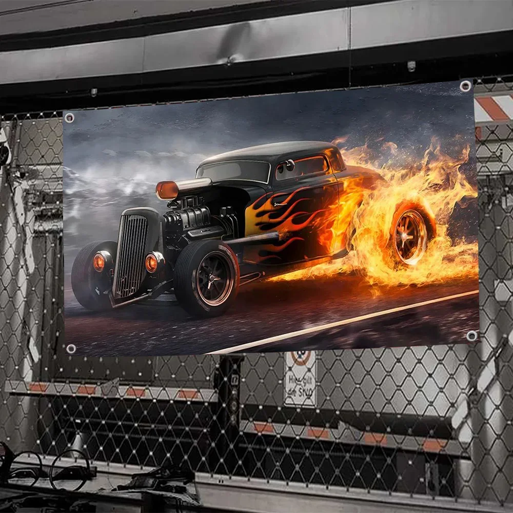 1pc Hot Rod Flamme Vintage Auto Flagge Flaggen und Banner vier Loch Flagge Polyester Outdoor Dekor Raum Ästhetik