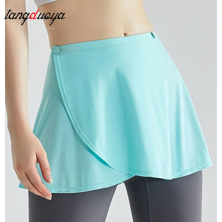 

Women Solid Color Yoga Tennis Buttons Waist Cover Up Wrap Skirt Hip Covering Scarf Workout Running Layered Pleated A Line Skirts