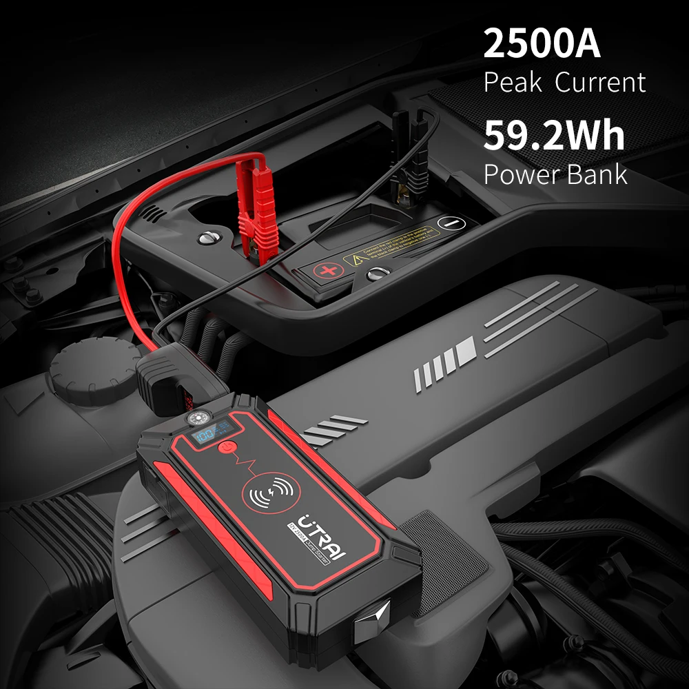 UTRAI Car Jump Starter 2500A Power Bank Car Battery with 10W Wireless Charger LCD Screen Safety Hammer Jump starter