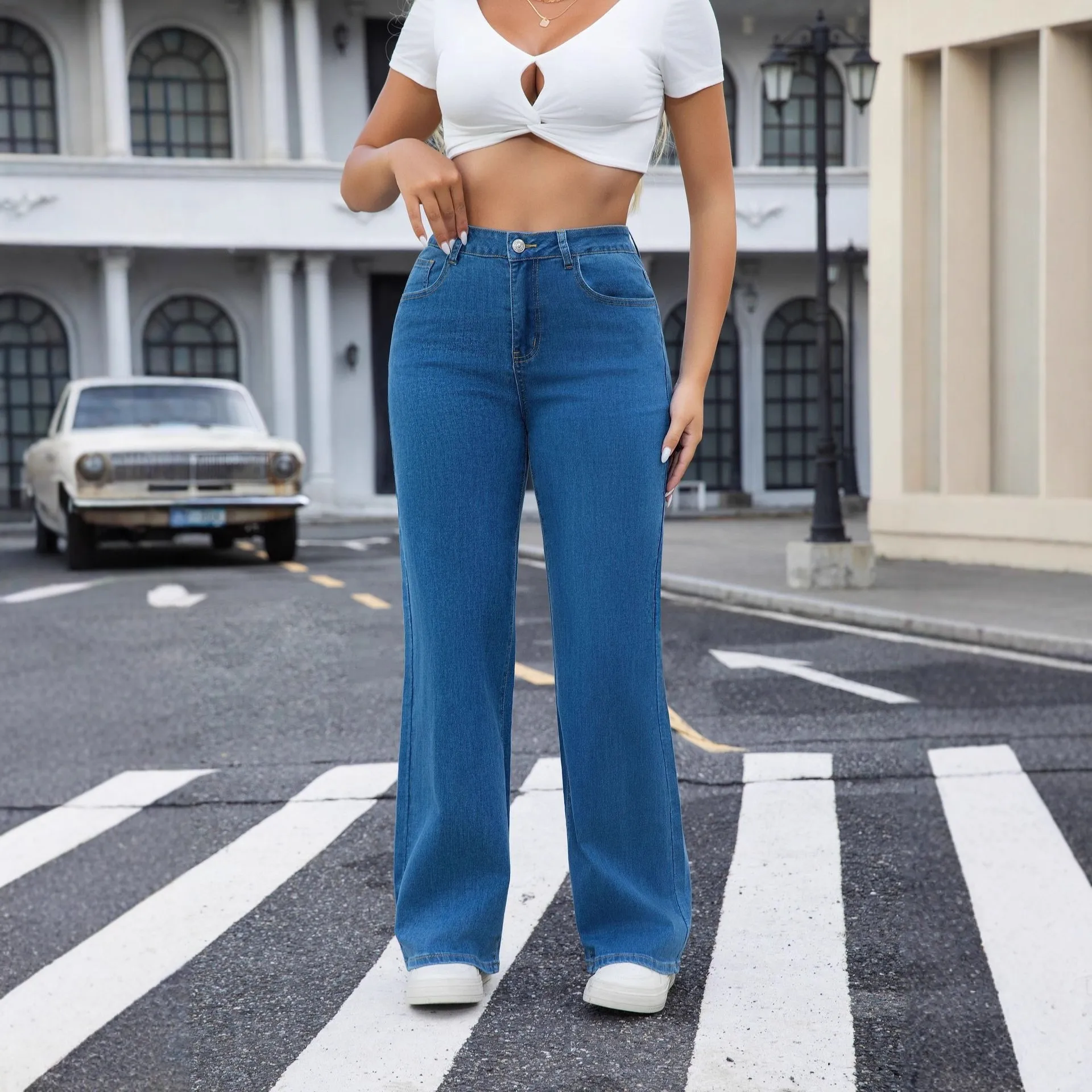 

Y2K Baggy Jeans Women High Waist Wide Leg Denim Pants Medium Wash Blue Denim Jeans Loose Fit Raw Hem Classic Five Pocket