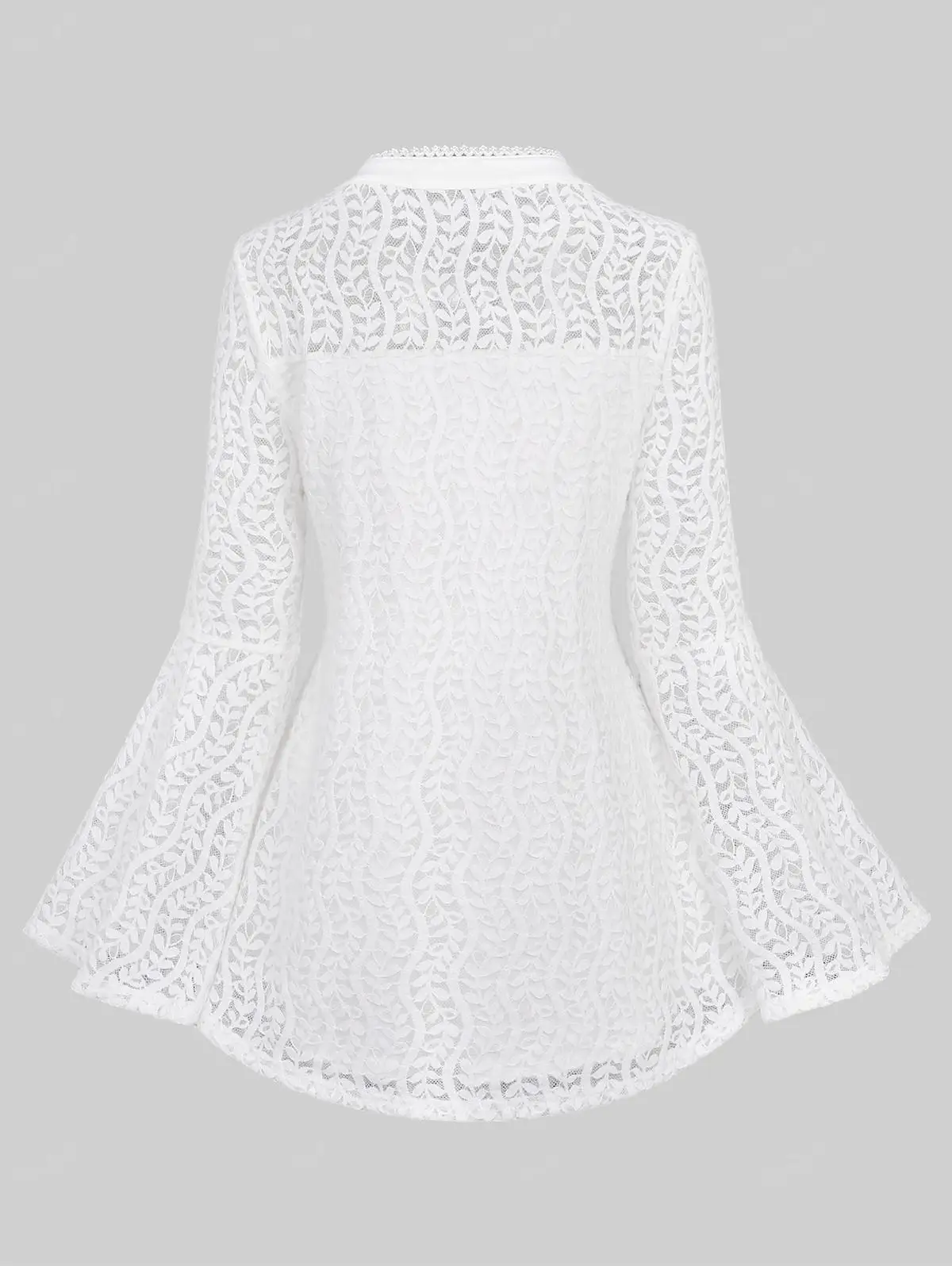 ROSEGAL Plus Size Women\'s Blouse Notched Collar Mesh Panel Heart Buttons Flare Sleeves Lace Trim Tops New White T-Shirts