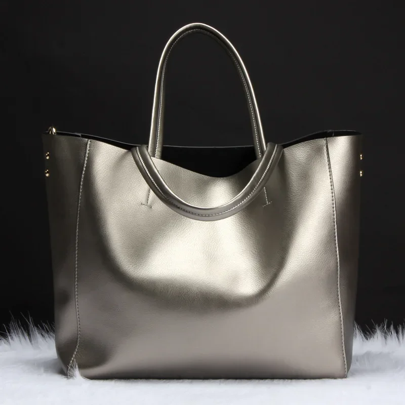 Metallic Silver Casual Large Tote Bag for Women with Soft Genuine Cow Leather Luxury Design Fashion Ladies Handbags