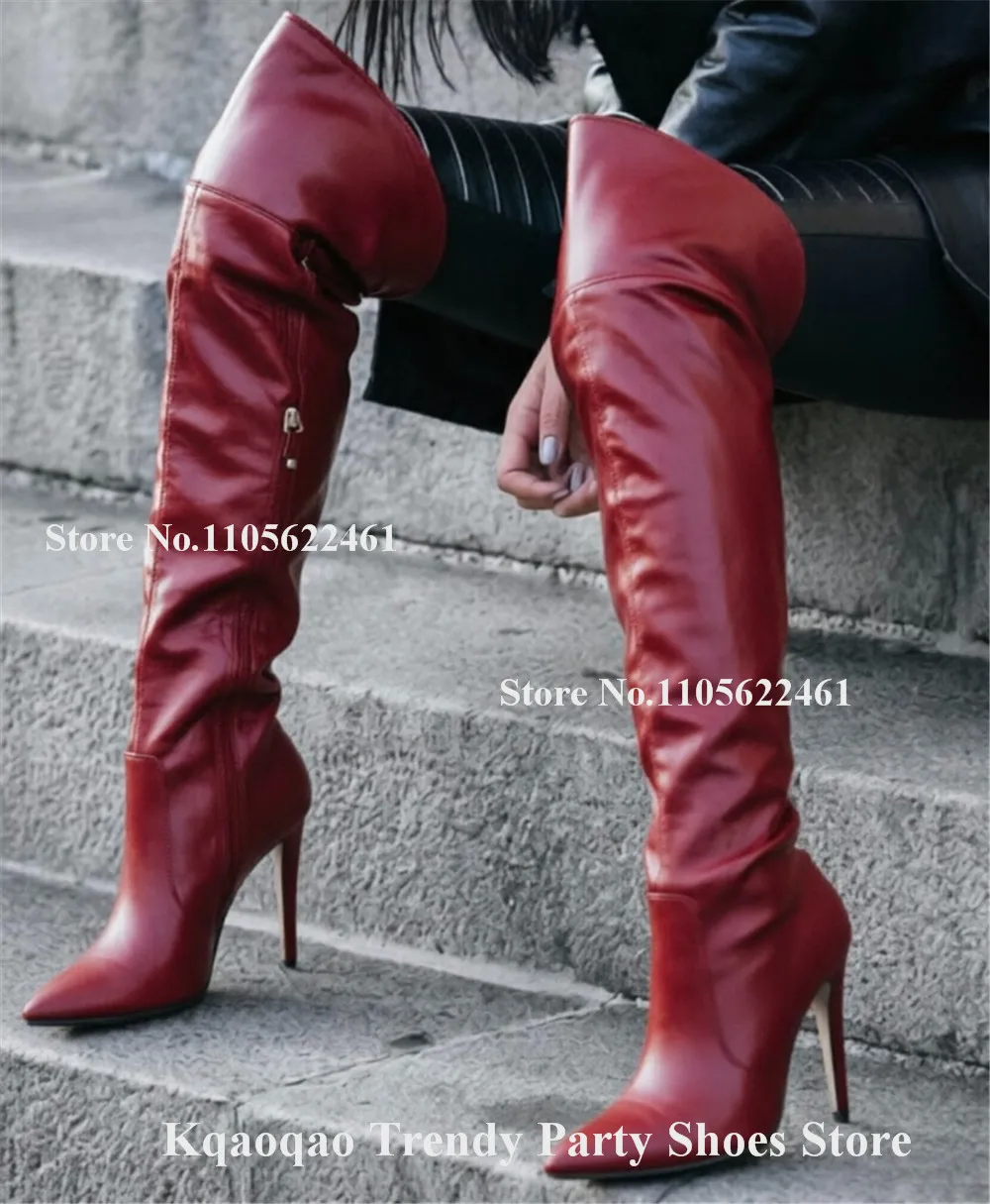 Kqaoqao Western Fashion Red Black Yellow Matte Leather Stiletto Heel Over Knee Boots Pointed Toe Zipper-up Thin Heel Long Boots
