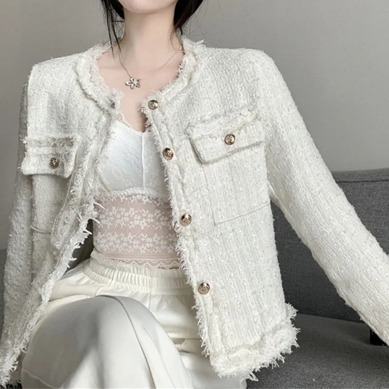 French White Tweed Crop Jacket Women Round Neck Long Sleeve Slimming Button Decor Elegant Autumn Outerwear