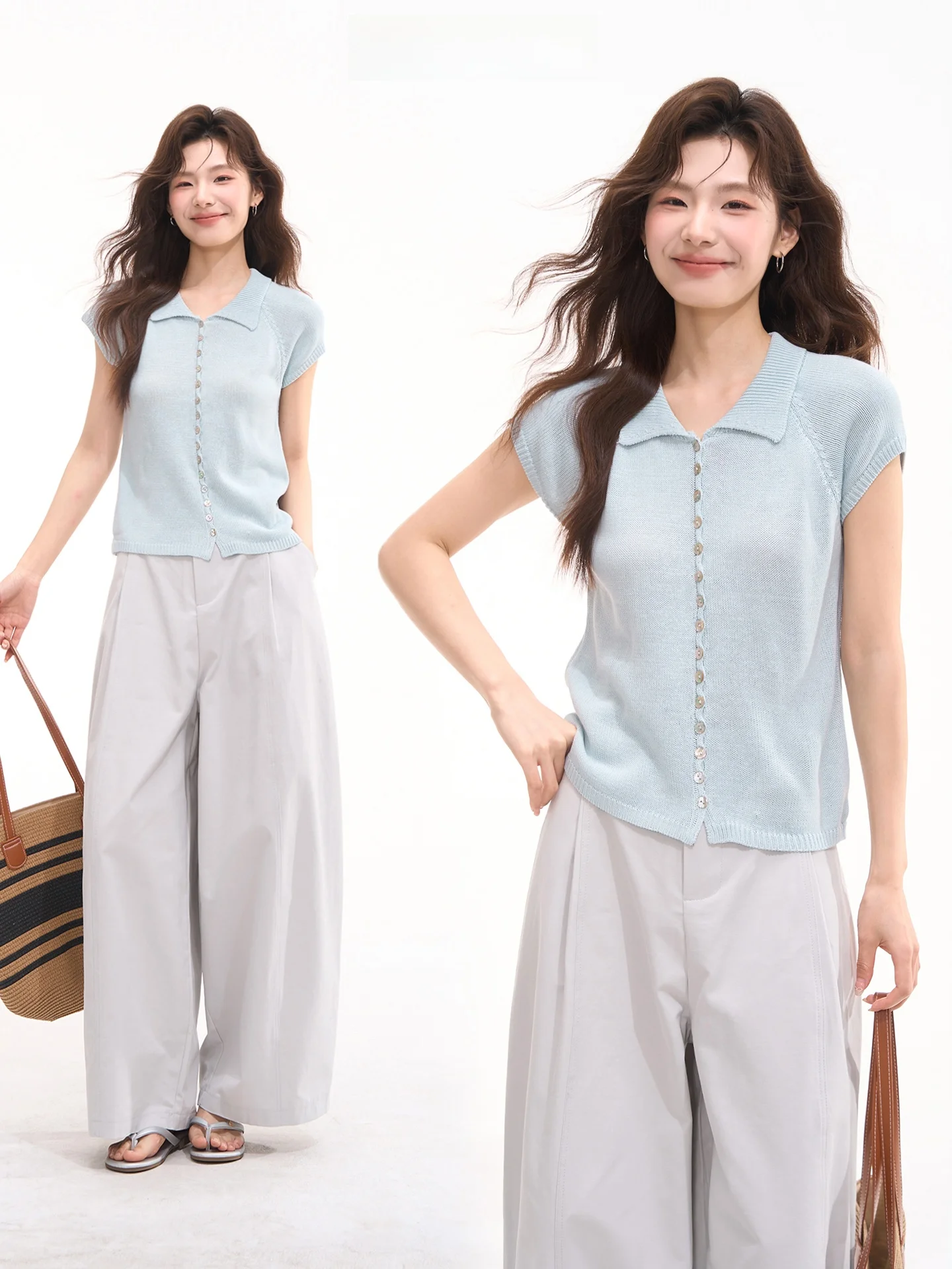 

Korean Style Button Short Sleeve Knitted Top Flip Collar Slimming Effect Window Display Heme Misty Moon Casual Knitwear