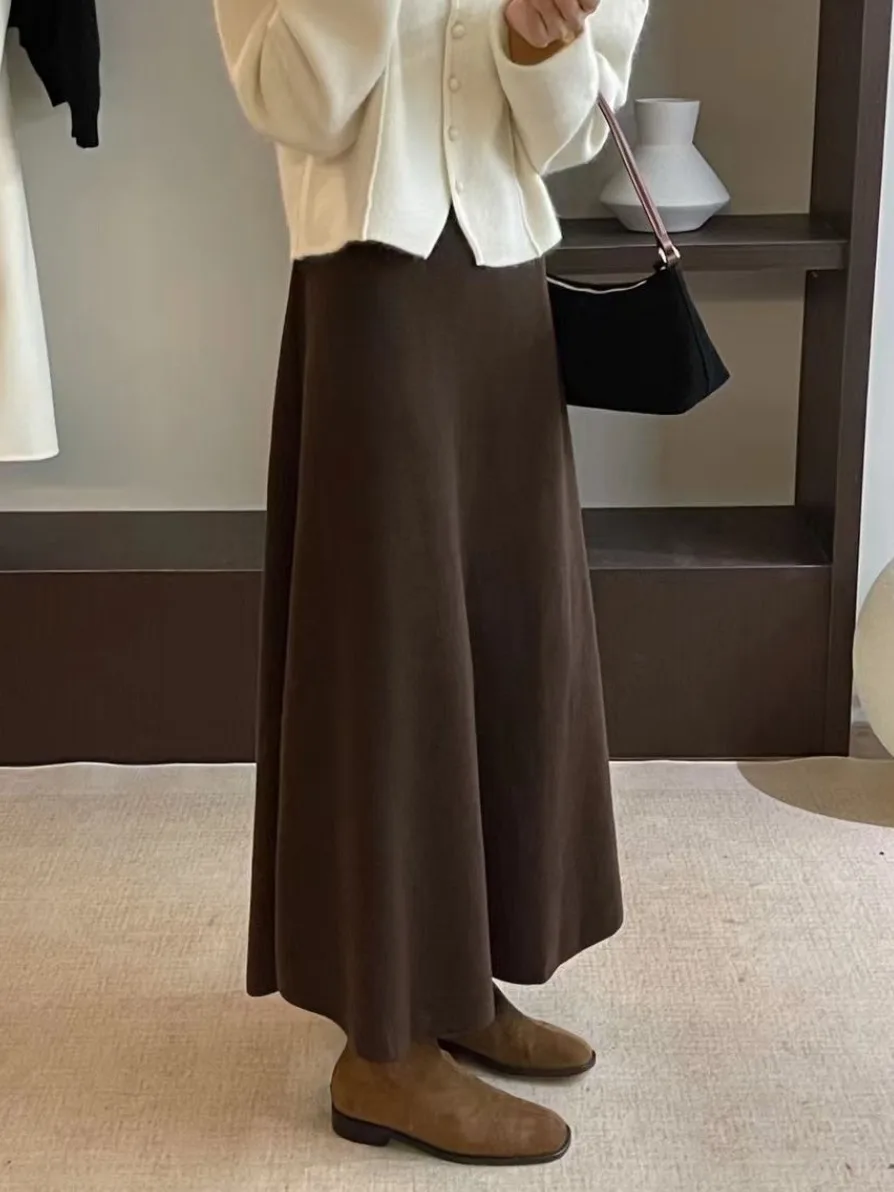 Coffee Color Knitted Skirt Women's Autumn and Winter High-Grade Super Nice Skirt Soft Glutinous Woolen Dress Small A Word Lon...