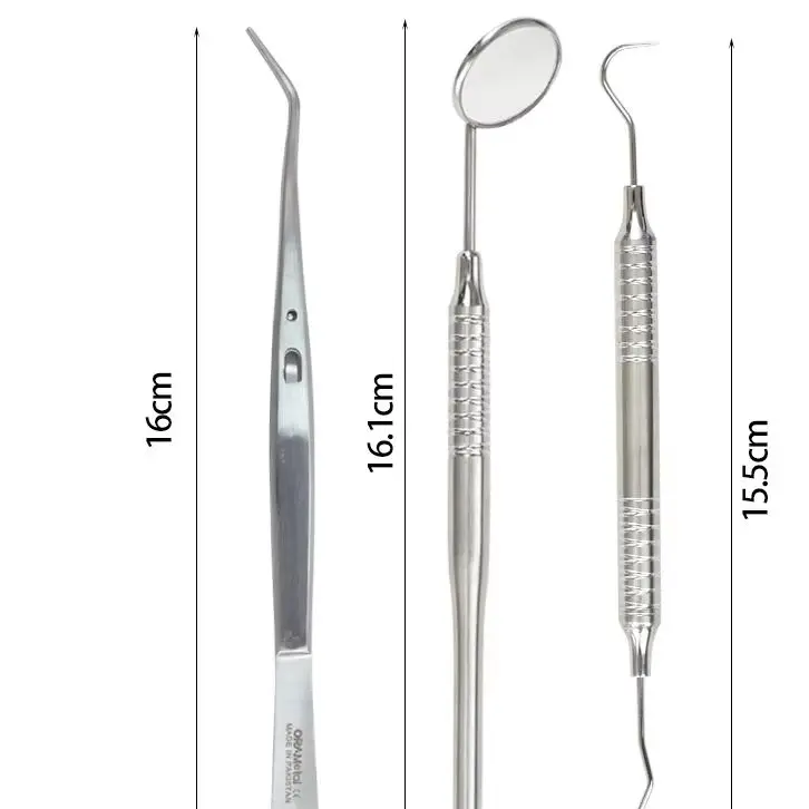 

Набор из 3 предметов: Зеркало стоматологическое, пинцет и изогнутый зонд из нержавеющей стали. Инструменты для ухода за зубами, чистки и отбеливания.