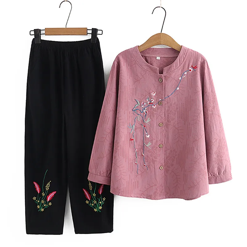 

XL-5XL винтажный стиль, комплект из двух предметов для мамы среднего возраста, повседневная домашняя одежда с длинными рукавами и принтом, хлопковые женские пижамы, верхняя одежда