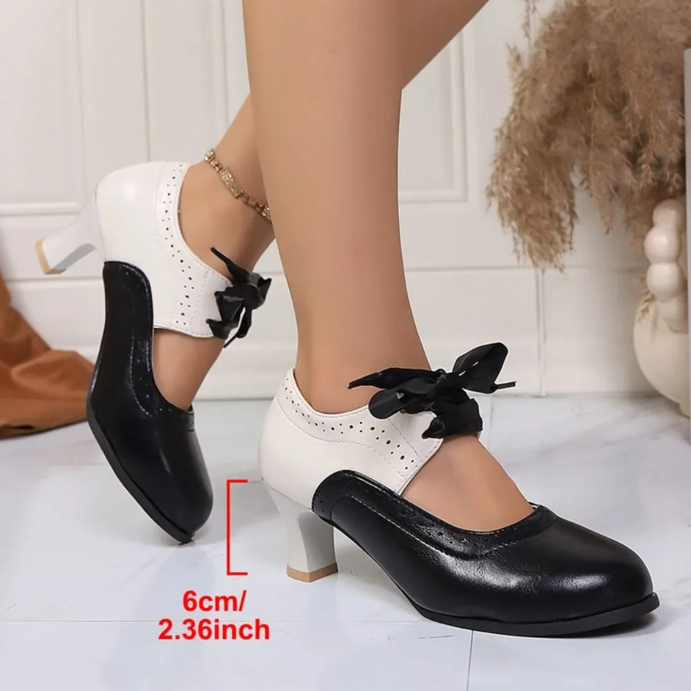 Modische Farbblock-Schnürschuhe für Damen mit hohem Absatz, Lolita-Stil, 2026 Neu, runde Zehenpartie, quadratischer Absatz, lässige Damen-Halbschuhe – Detail 2