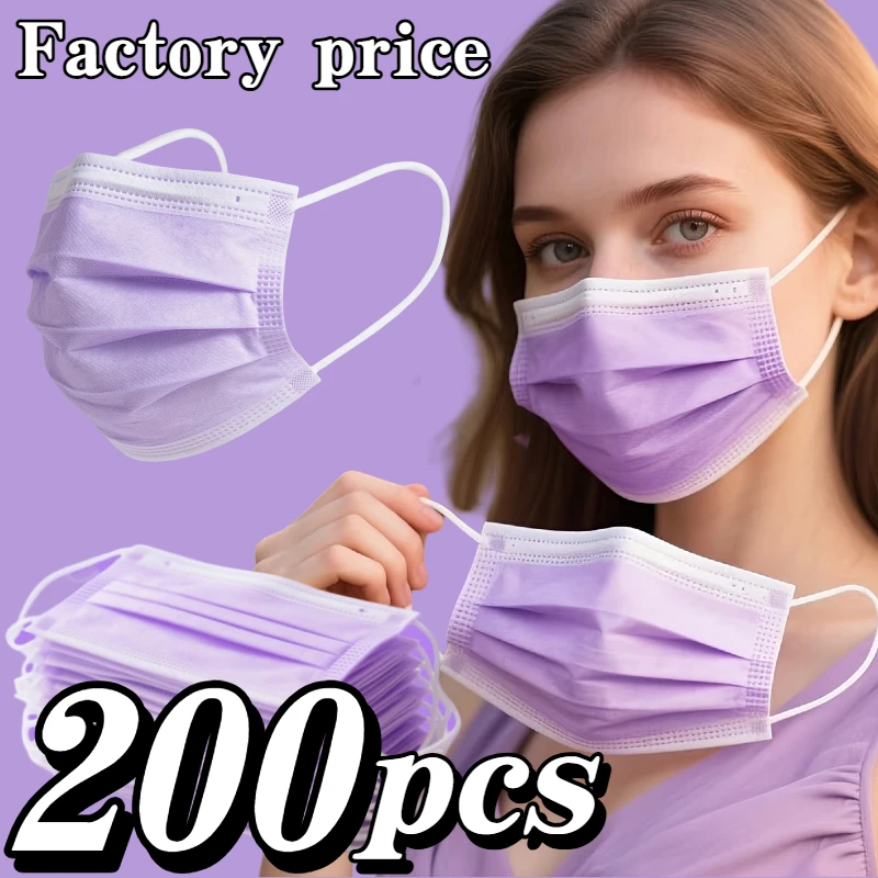 200Pcs Thickened Purple Disposable Protective Masks - 3-Layer Breathable and Comfortable, Adjustable Ear Loops and Snugly Fitting Nose Pads - 200/100/50/10 Pieces Cheap for Home Use, Can Be Purchased in Bulk, Perfect f