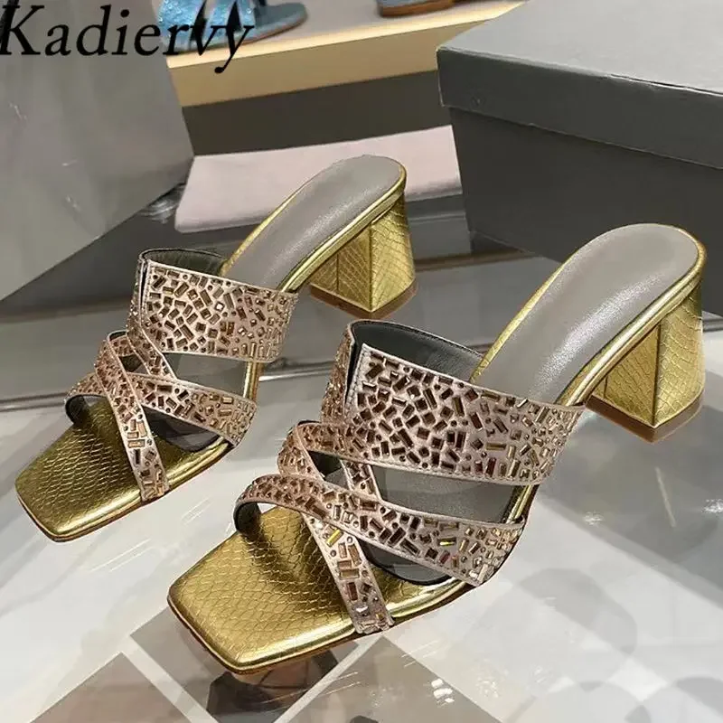 

Rhinestone Bling Slippers Woman Square Heels Mules Summer Shoes Women Luxury Crystal Slides High Heels Slippers Woman