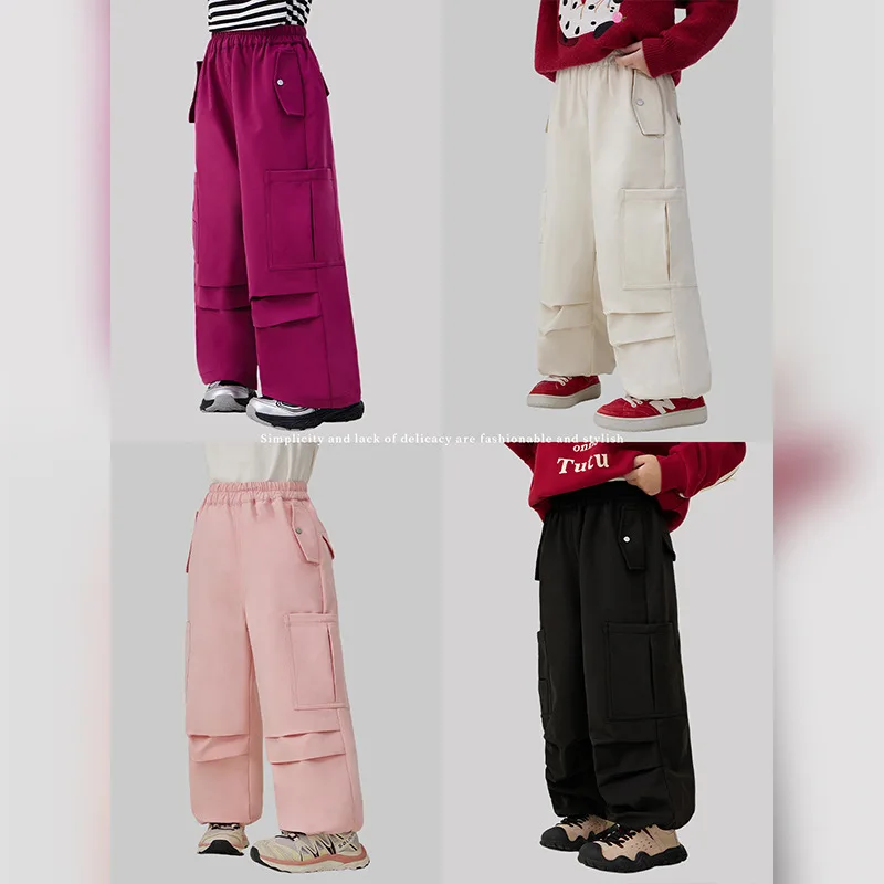 Girls' Fleece Work Pants Autumn/winter 2024 New Thick Warm Casual Versatile Wide Leg Pants