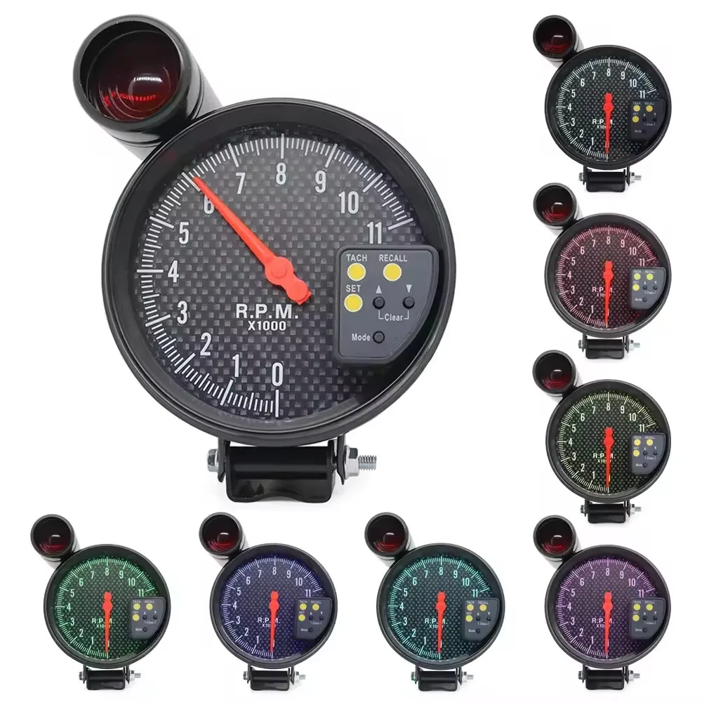 5-inch Car Tachometer Carbon Stripe Color Surface Modified Car Instrument Panel 7 Color Backlight Display 12V