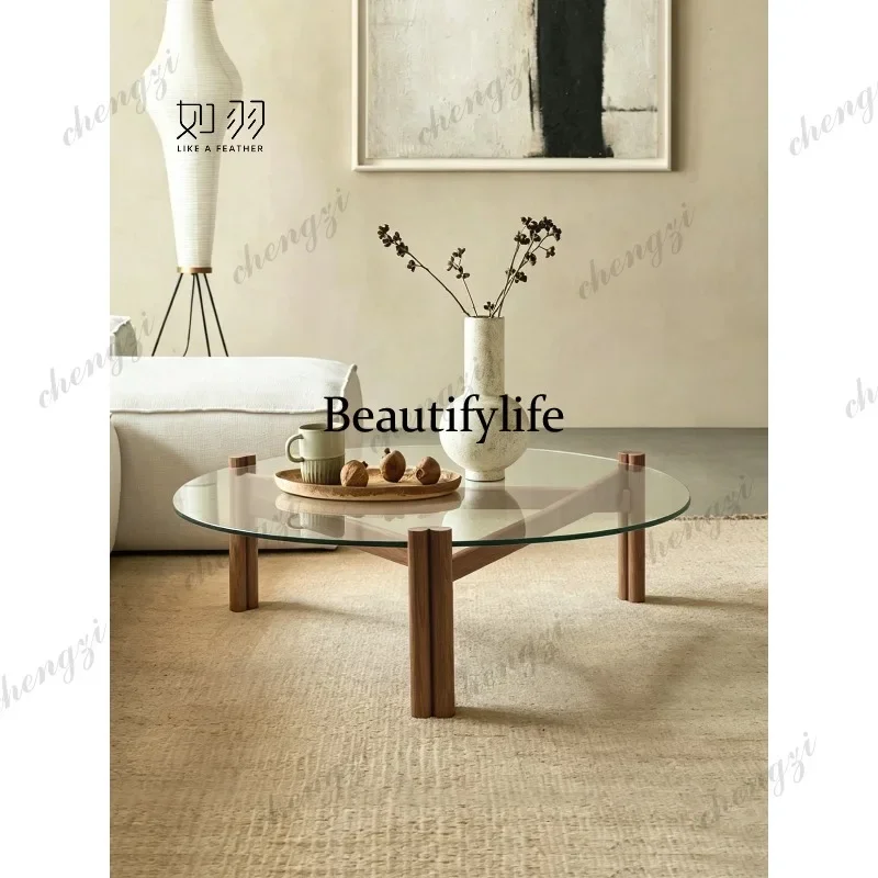 M182 Italian minimalist round coffee table Chinese antique glass coffee table solid wood triangle coffee table