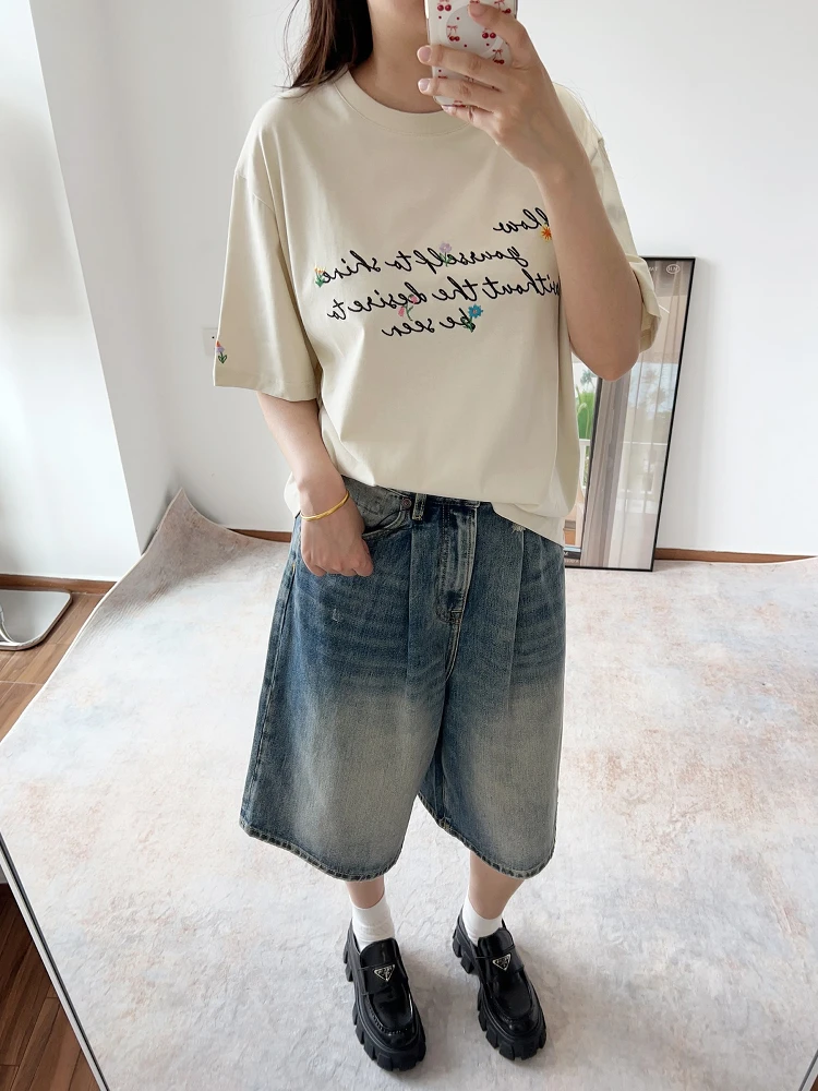 

Retro Washed Denim Mid-Length Pants High Waist Loose Wide Leg Spring Summer Women's Five-Quarter Casual Style Jeans