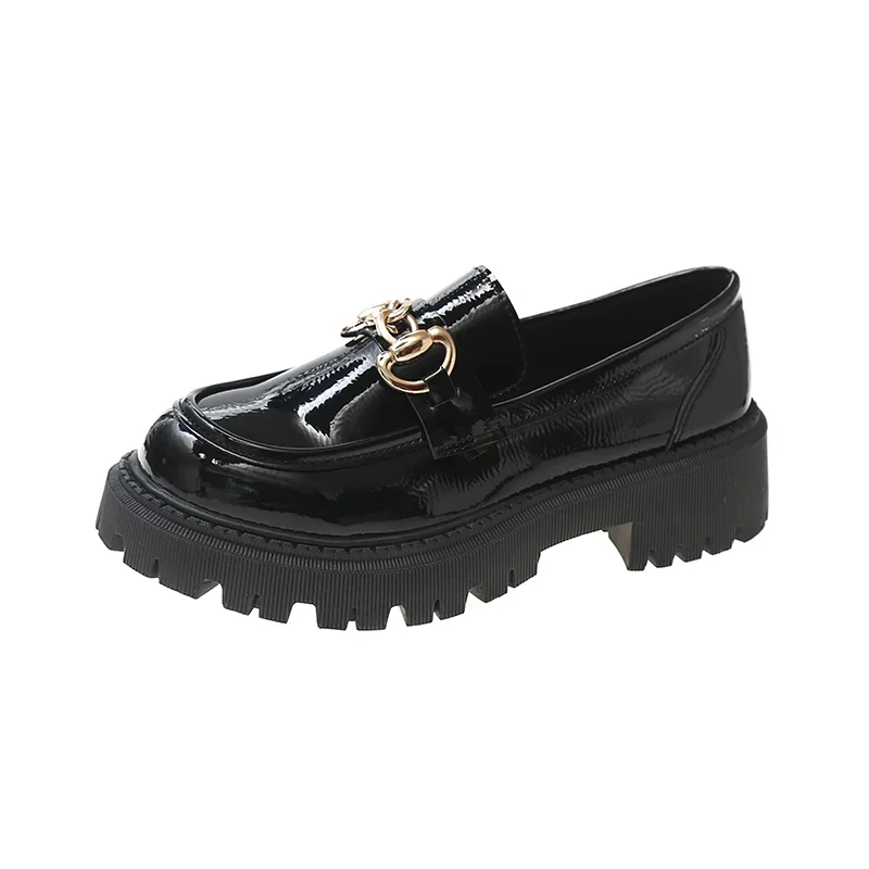 Zapatos planos de punta redonda para mujer, mocasines Oxfords con plataforma, informales, con hebilla de cadena de Metal, color negro, 2024