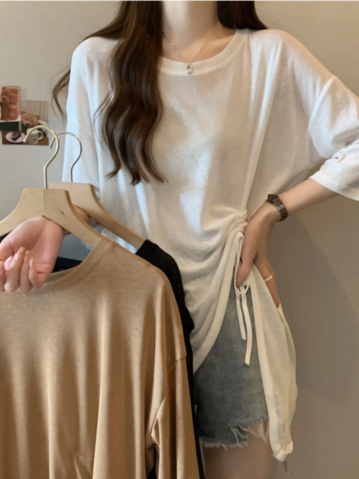 تي شيرت نسائي صيفي مقاس كبير بأكمام ثلاثة أرباع من الحرير الجليدي تي شيرت نسائي صيفي للتخسيس على الطراز الكوري متوسط الطول ... #1