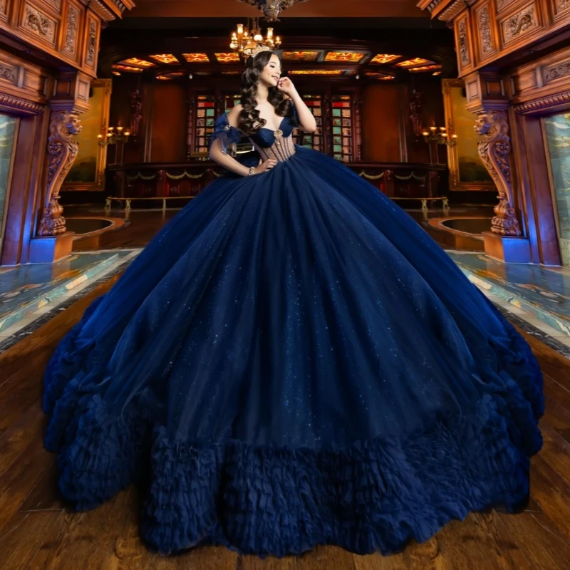 

Navy Blue Shiny Quinceanera Dresses Off The Shoulder Beading Tiered Tull Ball Gown Party Birthday Vestidos De 15 Anos Sweet 16