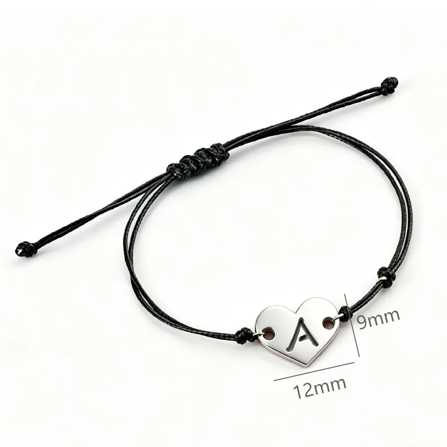 Fnixtar 10pcs Stainless Steel Name Letter Heart Pendant Bracelet Black Cord Braided Adjustable Wrist Jewelry Accessories