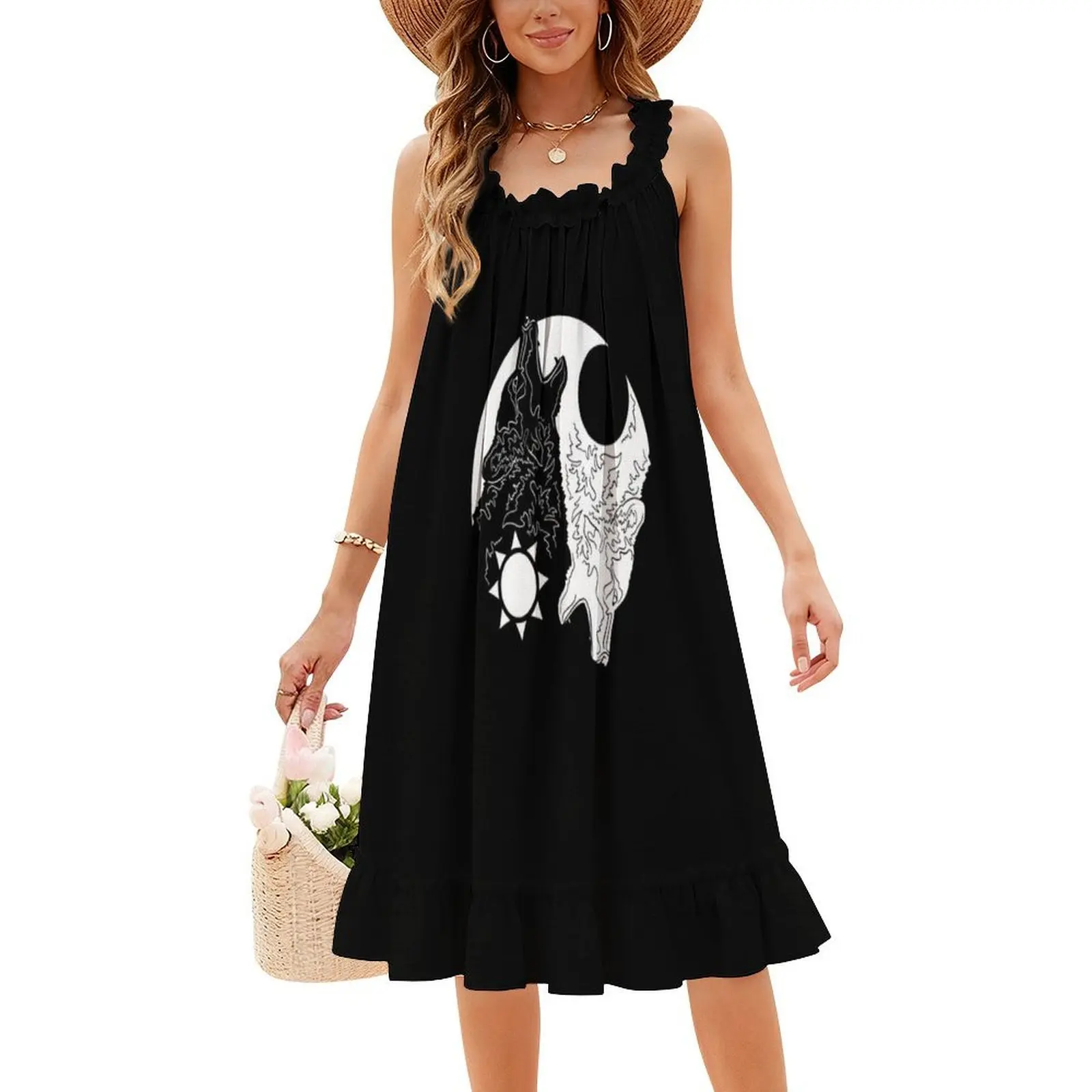 الذئاب السلبية فستان عطلة مثير للنساء شاطئ حفلة عيد ميلاد فستان قصير يينغ يانغ التوازن الذئاب الذئب الفن الذئب المرأة